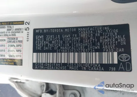 2007 Toyota Corolla Ce z USA, uszkodzony, nr VIN 2T1BR32E07C761734